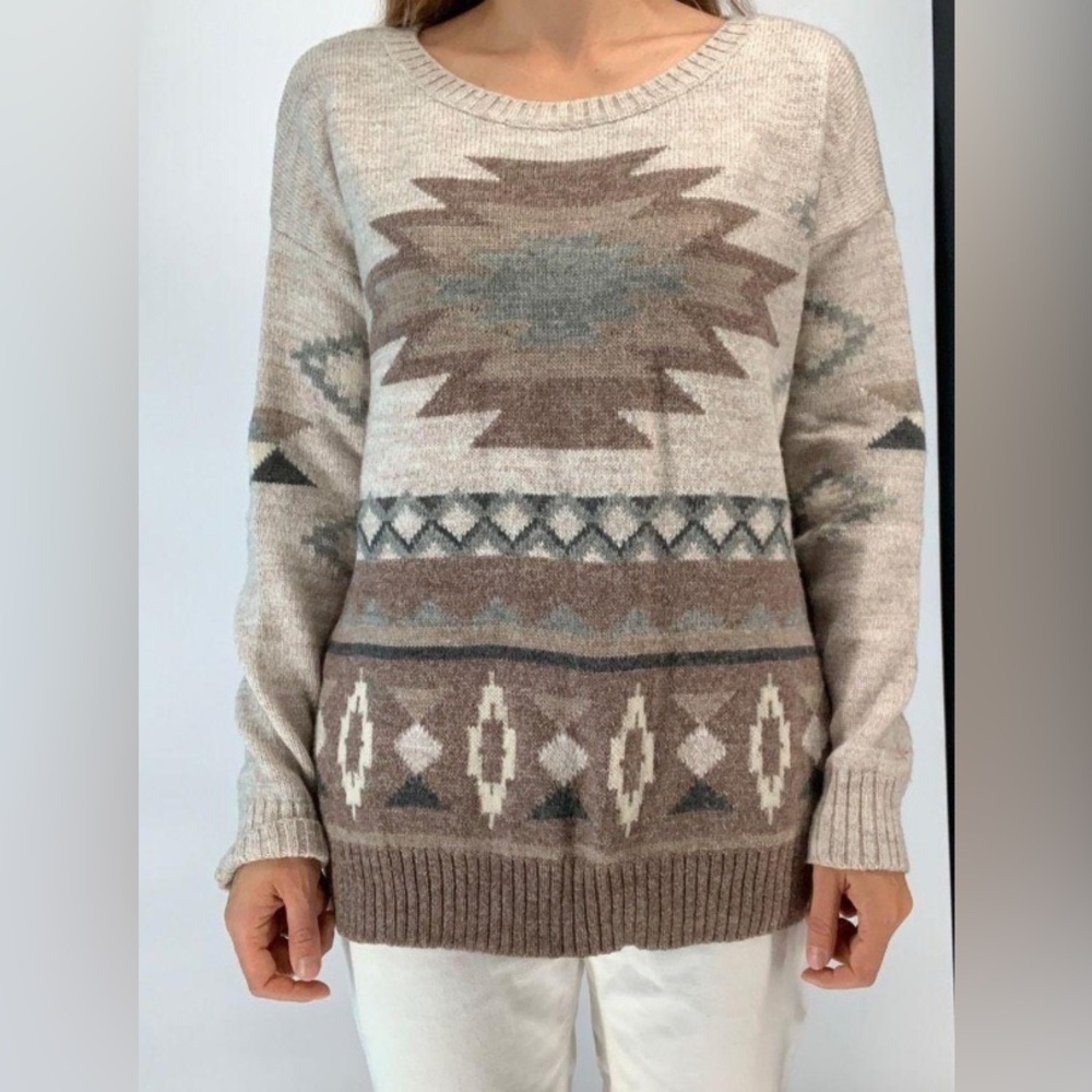 American Eagle Womens Small Aztec Sweater Cream Brown Western Tribal Wool Blend